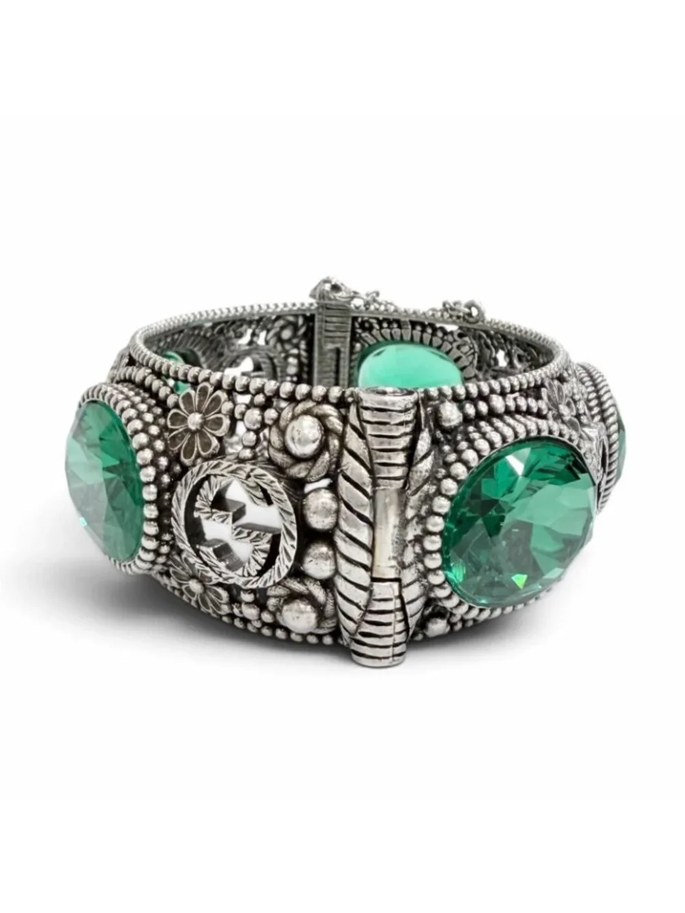 Gucci Interlocking G Flower Cat Head Green Color Stone Bangle Silver 16 Bracelet
